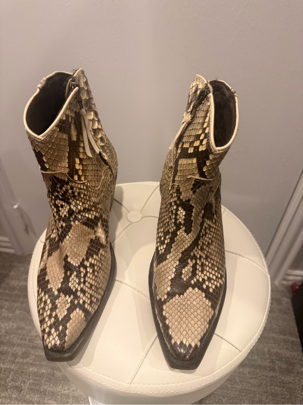 Tecovas Snake-Print Ankle Boots in Beige and Brown